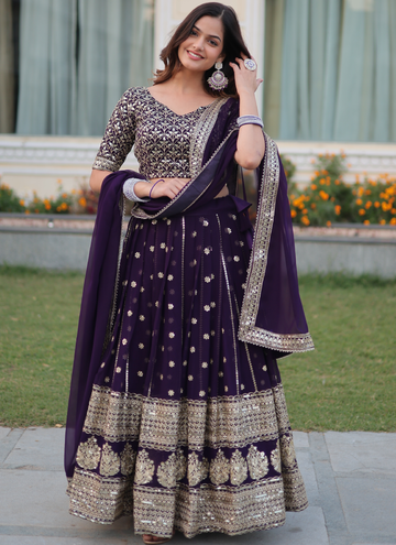 Designer Georgette Zari Embroidered Work Purple Lehenga Choli